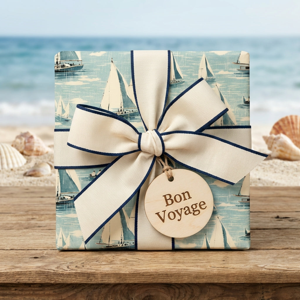Nautical theme wrapping paper with sailboats, cream ribbon, "Bon Voyage" tag, on a wooden table at the beach.