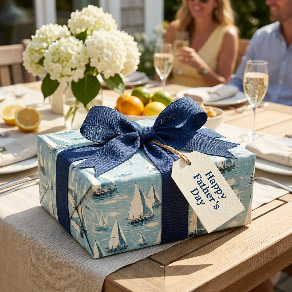 Happy Father's Day gift wrapped in blue sailboat wrapping paper with a navy ribbon and tag.