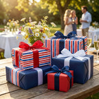 Red, white, and blue striped patriotic wrapping paper on gift boxes at a garden party by Wrapped Studios.