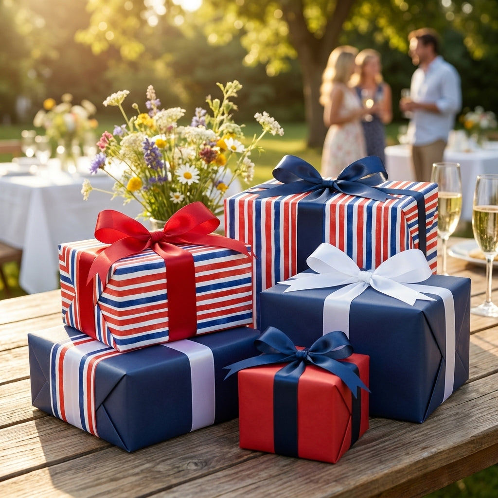 Red, white, and blue striped patriotic wrapping paper on gift boxes at a garden party by Wrapped Studios.