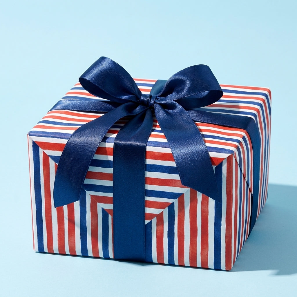 Patriotic red, white, and blue striped wrapping paper with a navy satin bow by Wrapped Studios.
