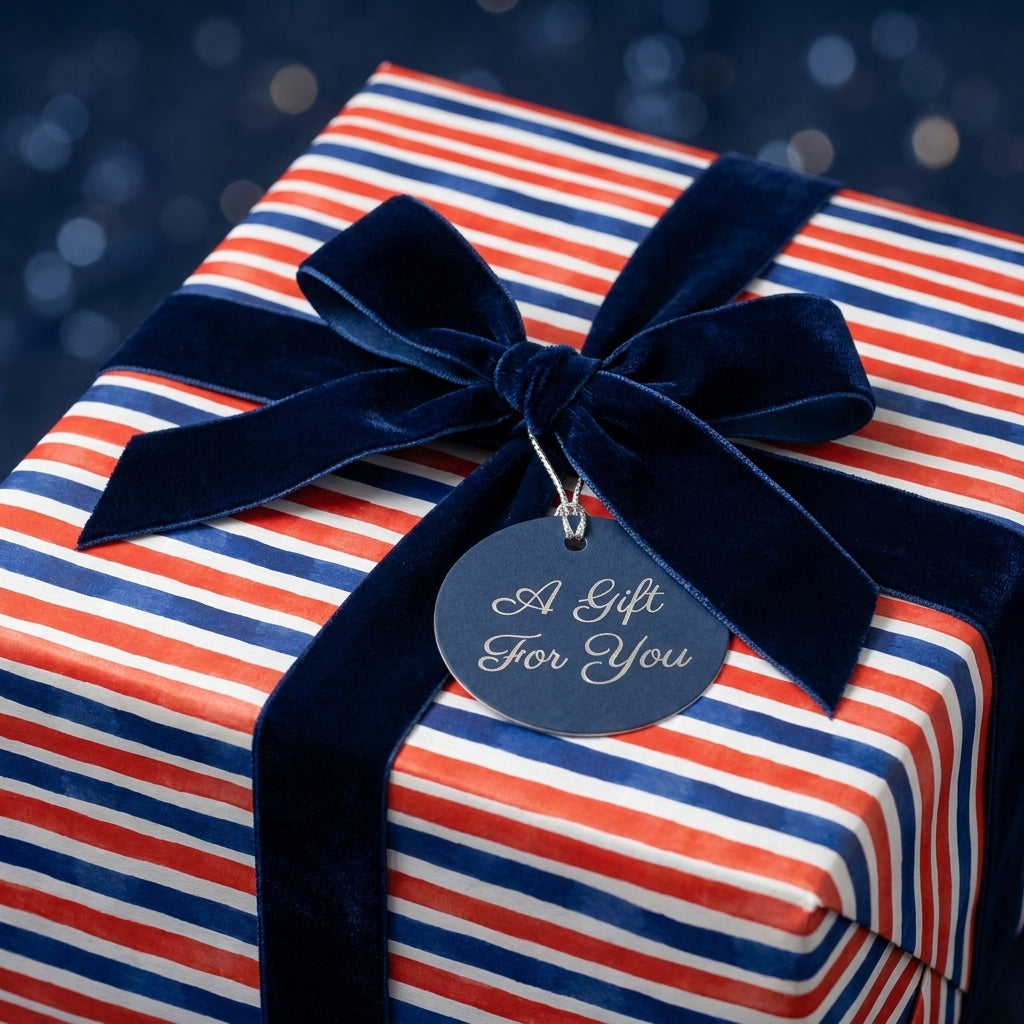 Red, white, and blue striped wrapping paper with a navy velvet ribbon by Wrapped Studios.