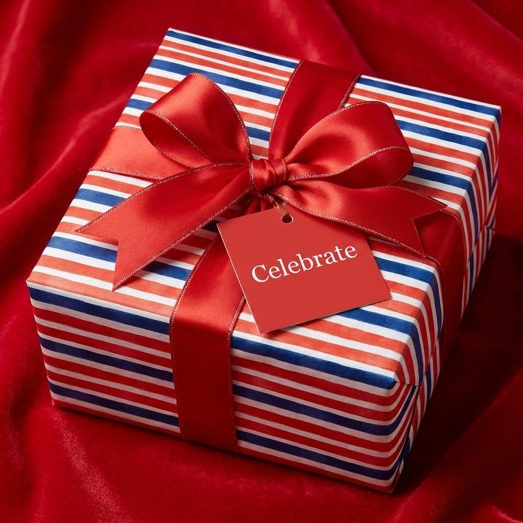 Red, white, and blue striped wrapping paper with a red bow and "Celebrate" tag on red velvet, by Wrapped Studios.