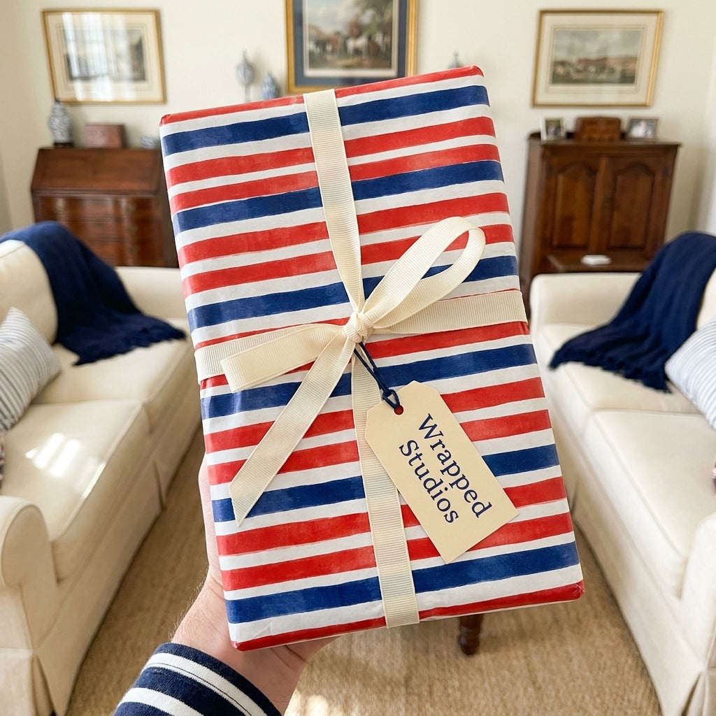 Red white and blue striped patriotic wrapping paper with a cream bow by Wrapped Studios.