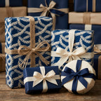 Nautical navy blue wrapping paper with rope pattern and rustic twine bows by Wrapped Studios.