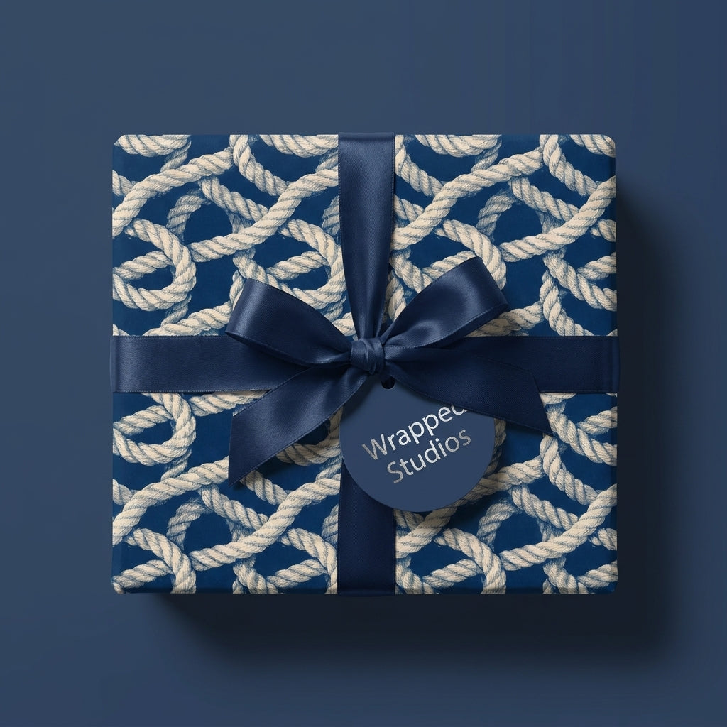 Nautical rope wrapping paper in navy blue with a matching satin bow by Wrapped Studios.