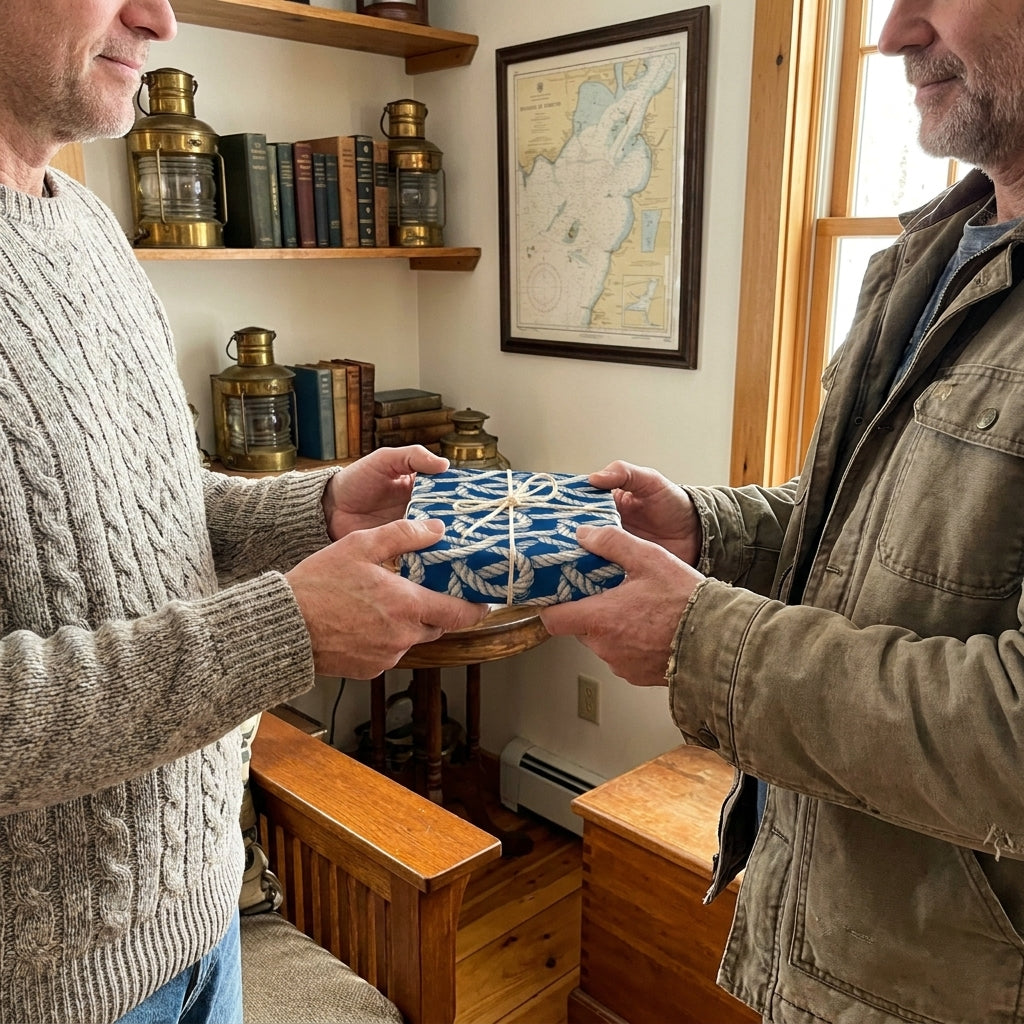 Blue nautical gift wrap with rope pattern on a present exchanged by two men. Wrapped Studios.
