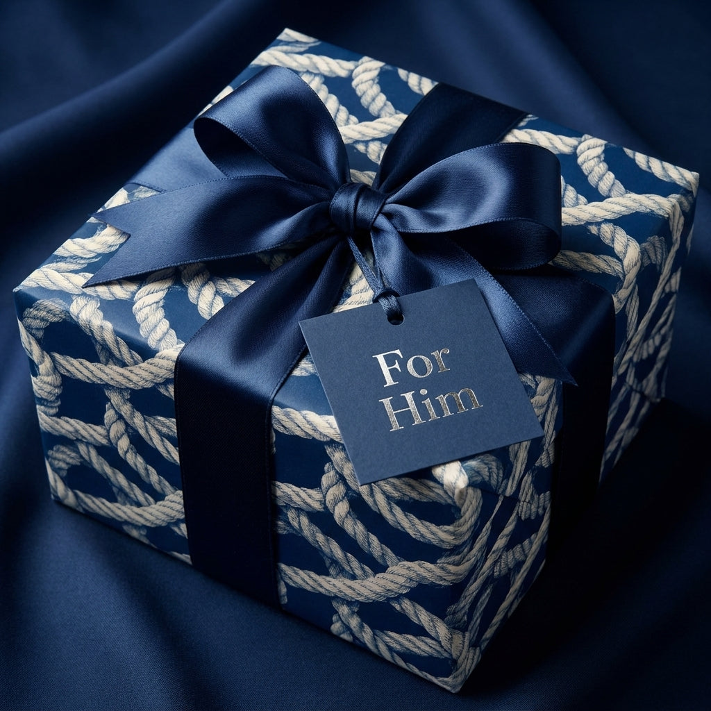 Luxury nautical rope wrapping paper for him with a navy satin bow, by Wrapped Studios.
