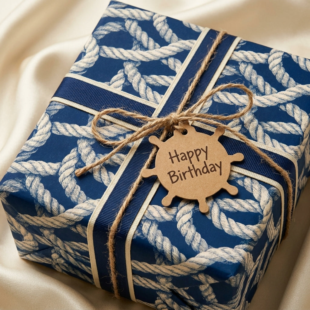 Navy blue nautical rope wrapping paper on a birthday gift with ship wheel tag by Wrapped Studios.
