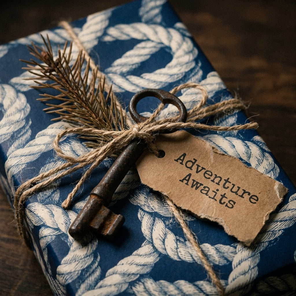Navy blue nautical wrapping paper with rope print, rustic key, and gift tag by Wrapped Studios.