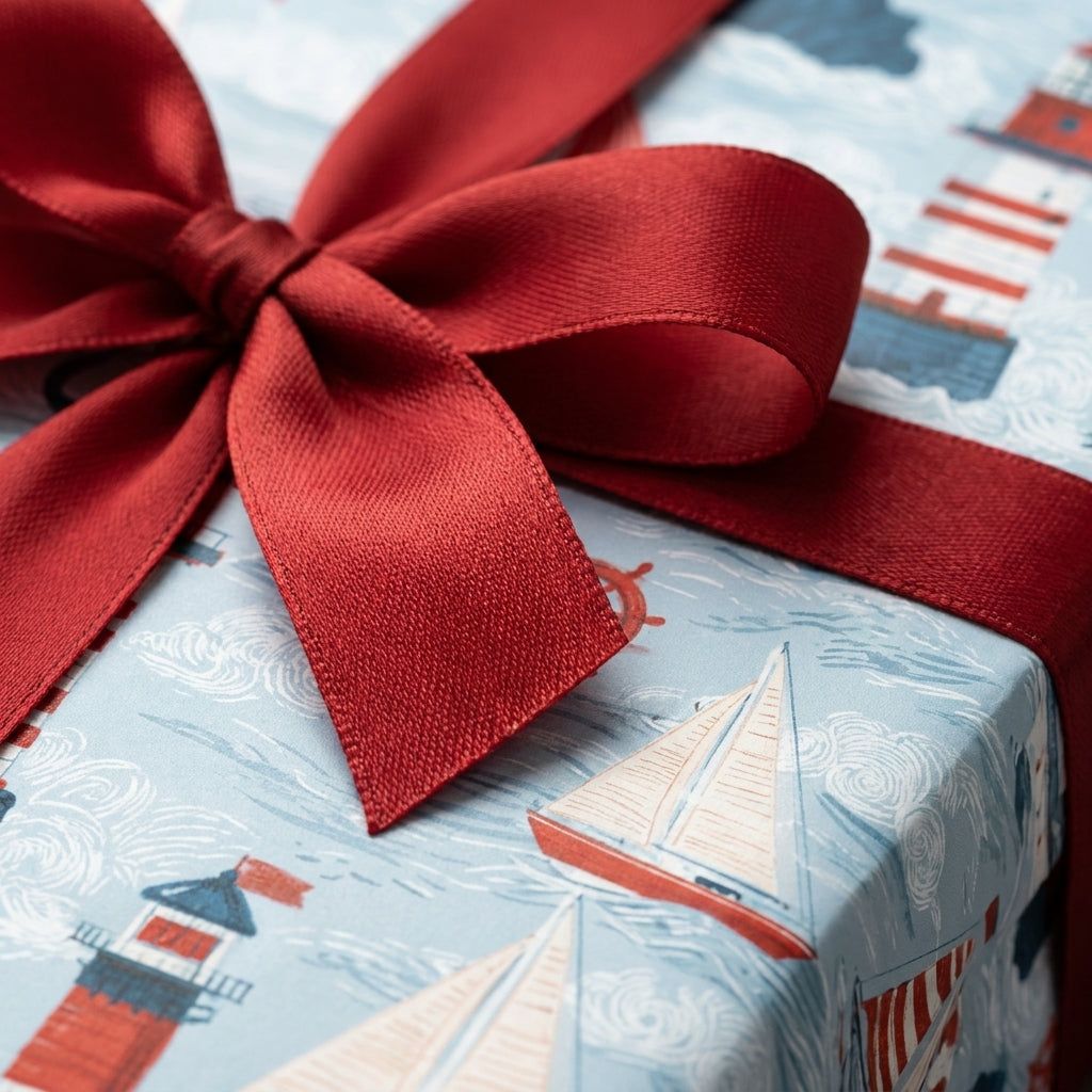 Nautical gift wrap featuring sailboats and lighthouses with a red satin bow by Wrapped Studios.
