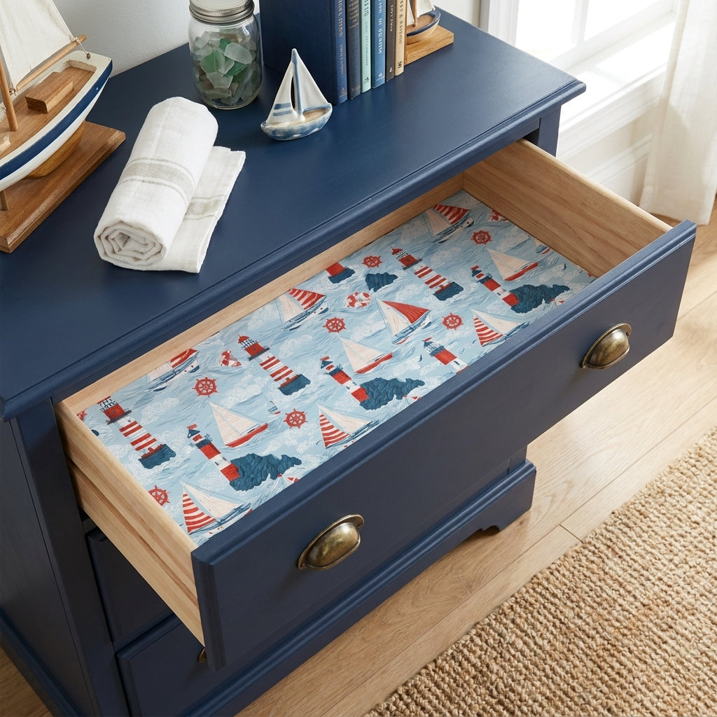 Nautical wrapping paper with lighthouses and sailboats lining a blue drawer by Wrapped Studios.