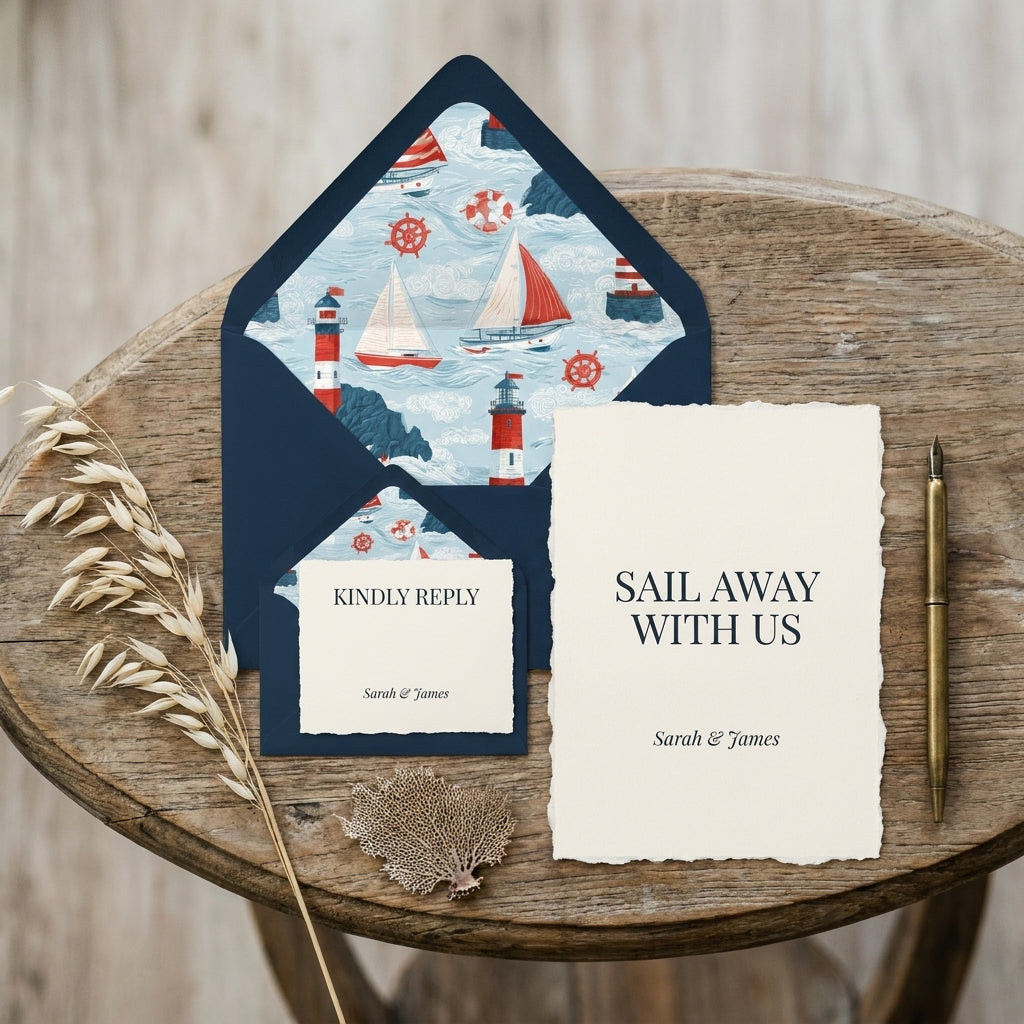 Nautical wedding invitation suite with sailboat envelope liner on a rustic table by Wrapped Studios.