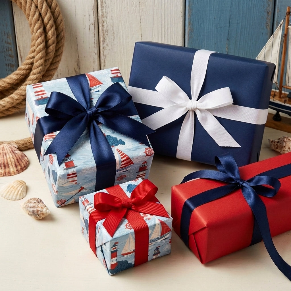Nautical wrapping paper with sailboat and lighthouse patterns on gifts by Wrapped Studios.