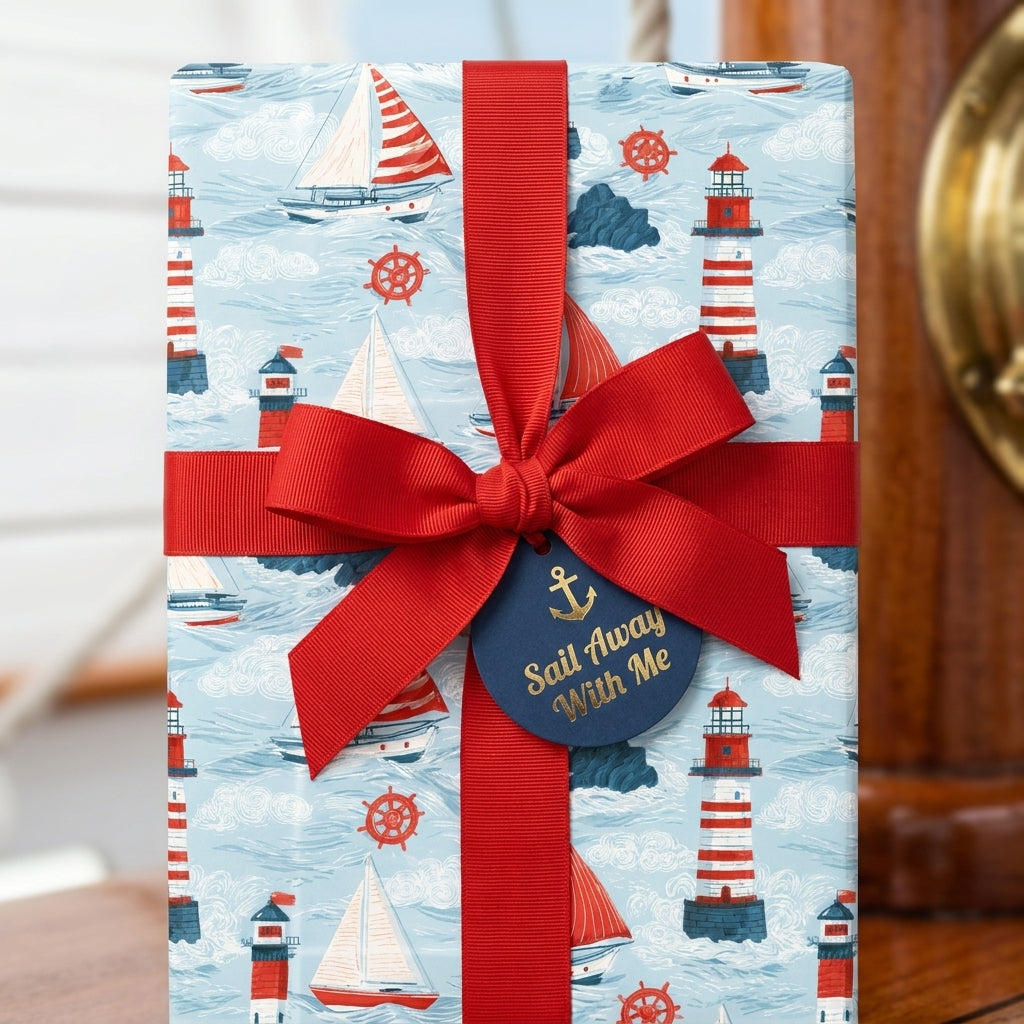 Nautical wrapping paper with sailboats and lighthouses, tied with a red bow by Wrapped Studios.