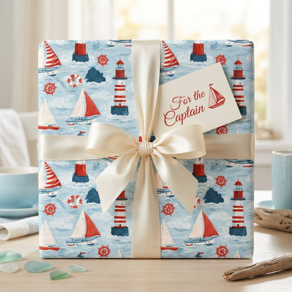 Nautical wrapping paper with sailboats and lighthouses on a gift box with a cream bow by Wrapped Studios.