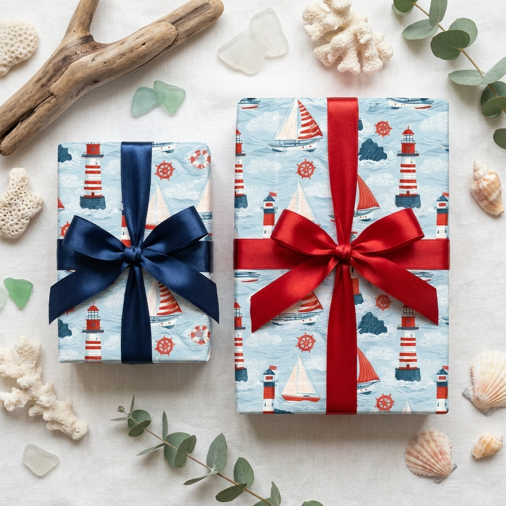 Nautical wrapping paper with lighthouses and sailboats by Wrapped Studios, tied with red and navy satin bows.