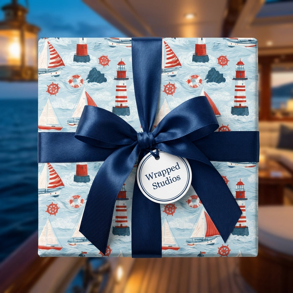 Nautical wrapping paper with lighthouses and sailboats, tied with a navy ribbon by Wrapped Studios.