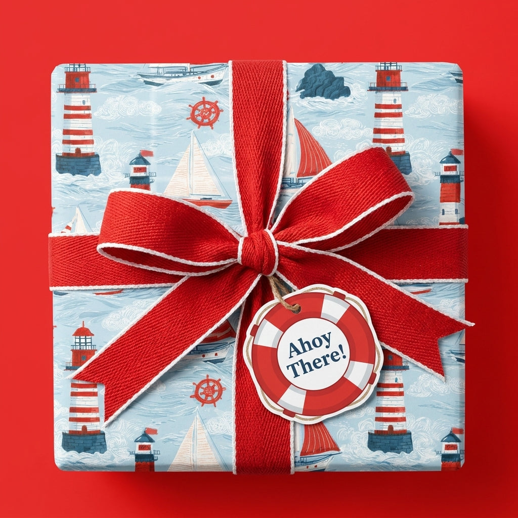 Nautical wrapping paper with lighthouses and sailboats, tied with a red ribbon bow by Wrapped Studios.