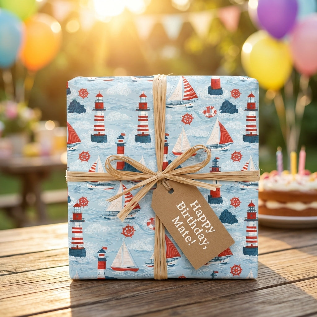 Nautical birthday wrapping paper with sailboats and lighthouses on a gift box, by Wrapped Studios.