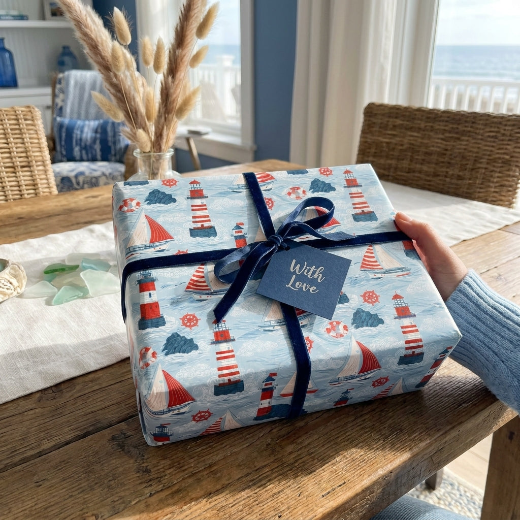 Nautical lighthouse and sailboat wrapping paper with a navy velvet bow by Wrapped Studios.