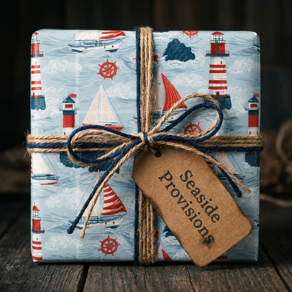 Nautical wrapping paper with red lighthouses and sailboats on a gift box, by Wrapped Studios.