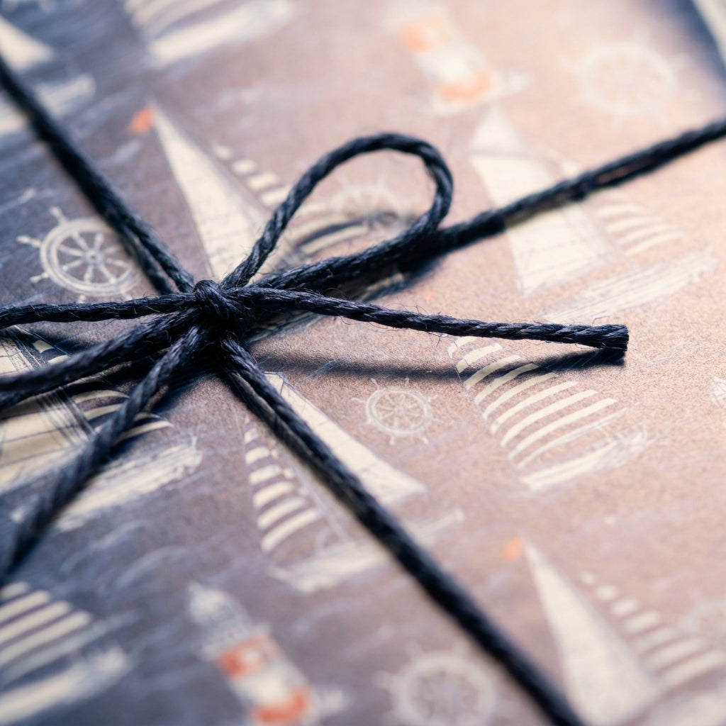 Nautical sailboat wrapping paper tied with a dark twine bow, elegant gift wrap by Wrapped Studios.