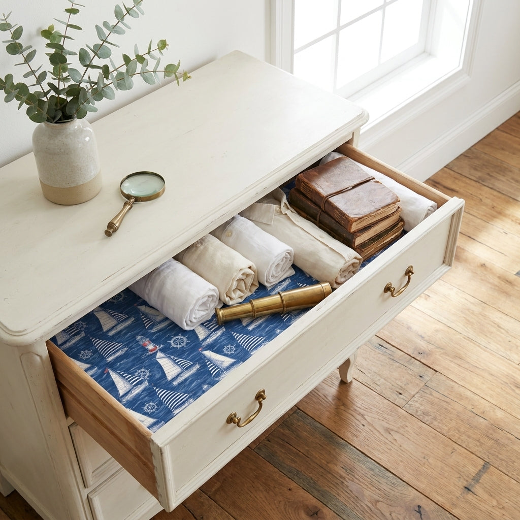 Nautical sailboat wrapping paper lining a vintage dresser drawer by Wrapped Studios.