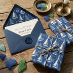 Nautical wrapping paper with sailboats and twine for navy coastal wedding gifts, by Wrapped Studios.
