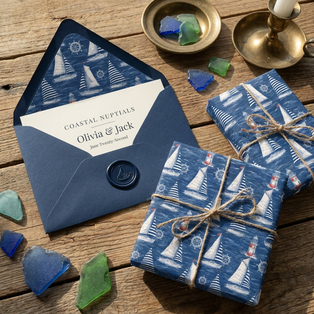 Nautical wrapping paper with sailboats and twine for navy coastal wedding gifts, by Wrapped Studios.