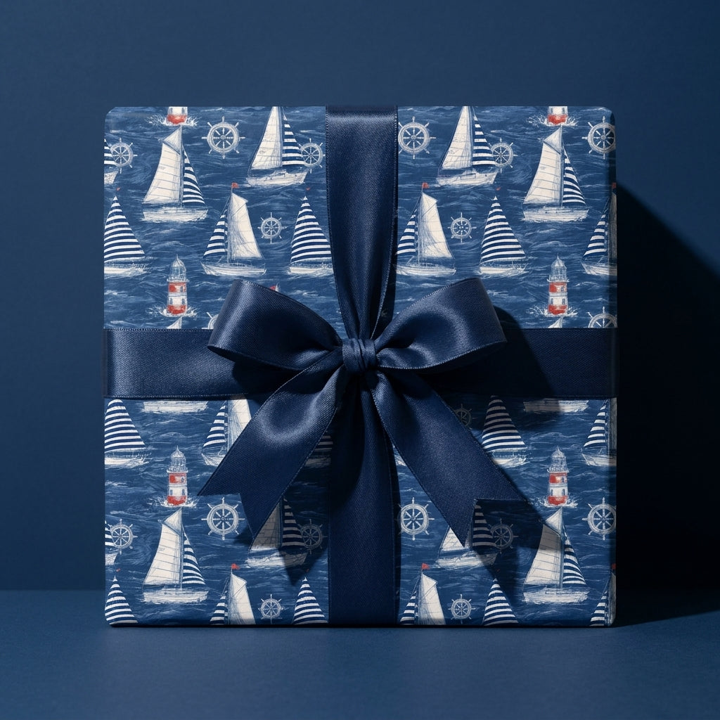 Nautical wrapping paper with sailboats and lighthouses by Wrapped Studios, tied with a navy blue satin bow.