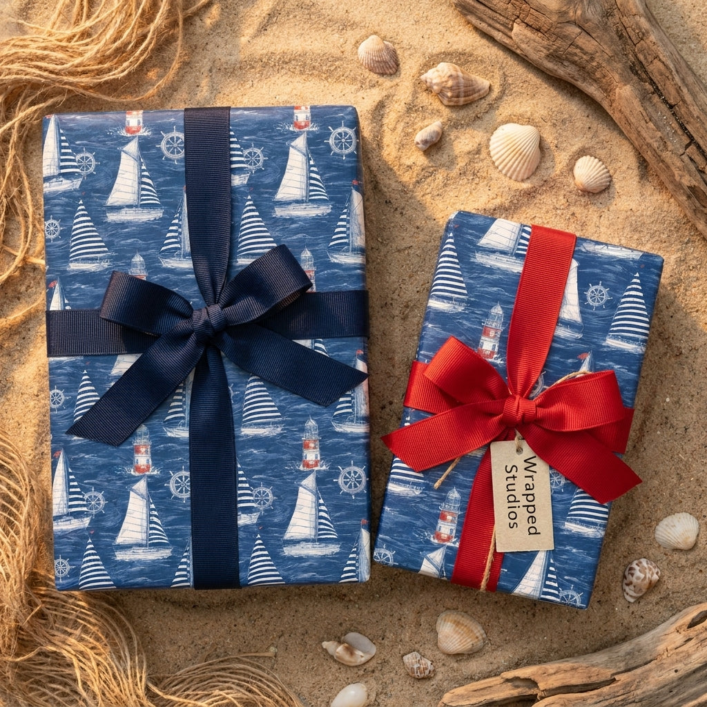 Nautical wrapping paper with sailboats and lighthouses on a sandy beach by Wrapped Studios.
