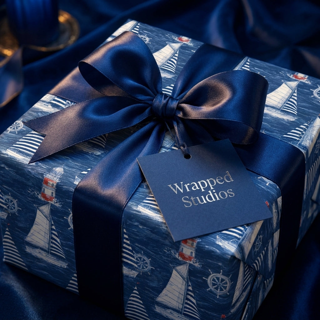 Luxury nautical wrapping paper with sailboats and a navy satin bow by Wrapped Studios.