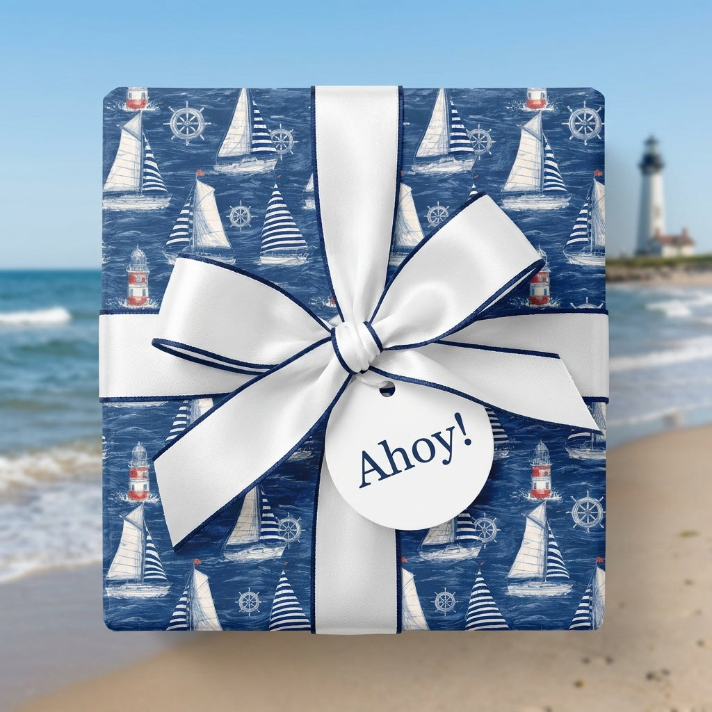 Nautical sailboat wrapping paper with a white bow and "Ahoy!" tag, by Wrapped Studios.