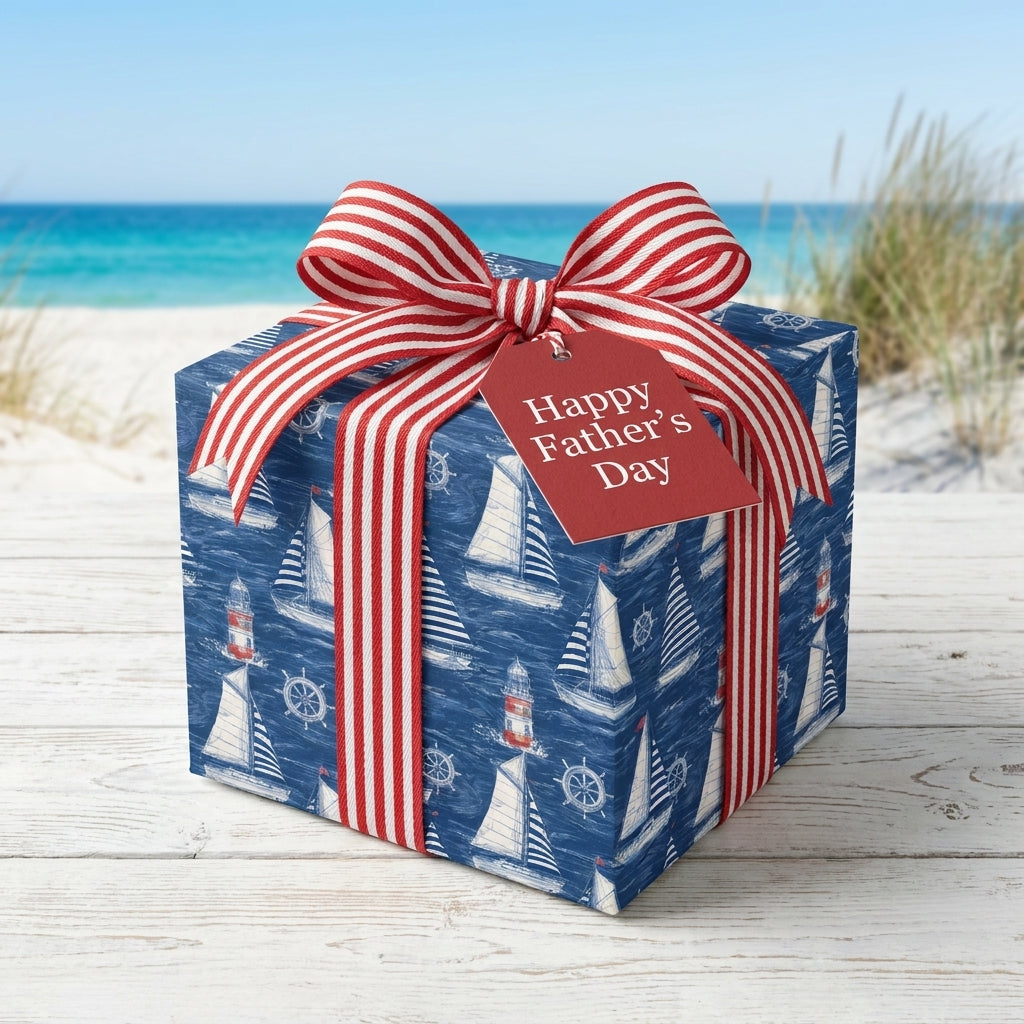 Navy blue nautical wrapping paper with sailboats, red striped ribbon, and Father's Day tag by Wrapped Studios.