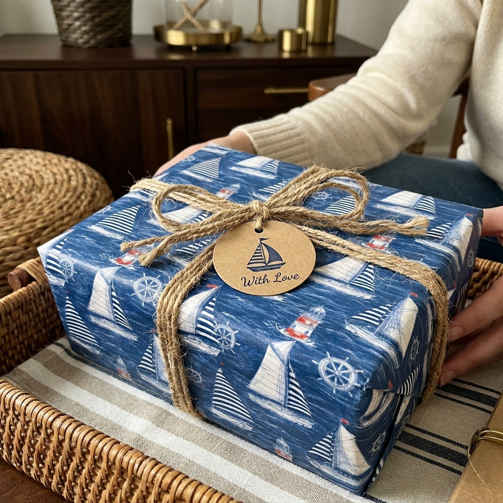 Nautical sailboat wrapping paper on a gift box with twine ribbon and tag by Wrapped Studios.