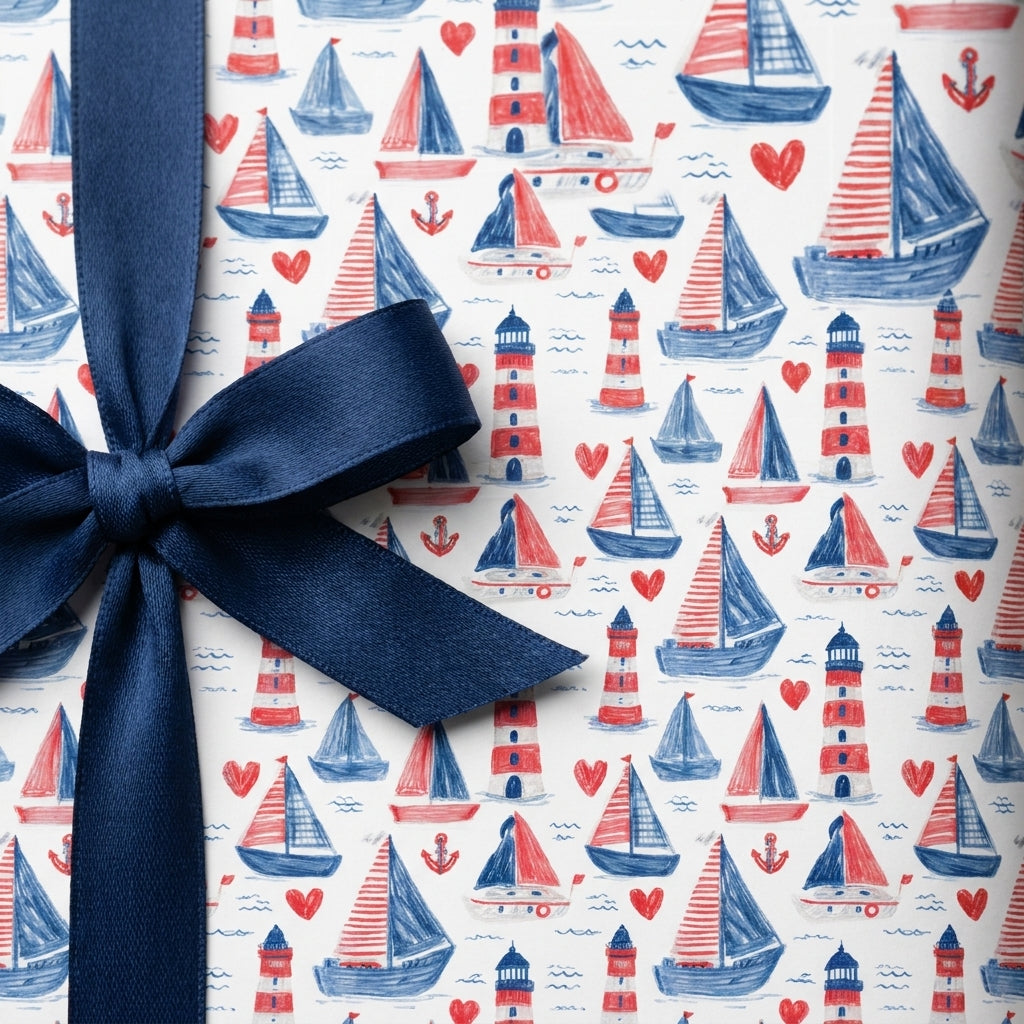 Nautical wrapping paper with sailboats, lighthouses, and a navy blue ribbon bow by Wrapped Studios.