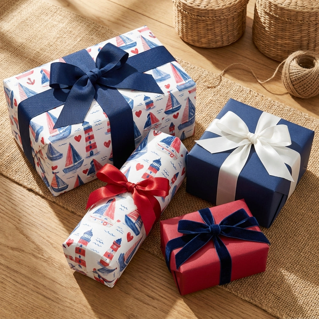 Nautical sailboat wrapping paper and gift wrap with navy and red ribbons by Wrapped Studios.