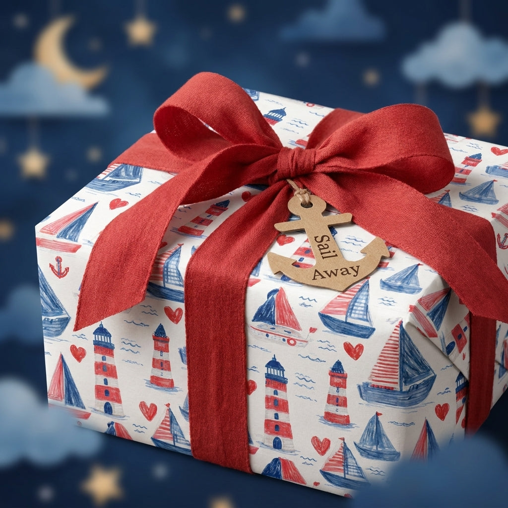 Nautical baby shower wrapping paper with sailboats and lighthouses, red ribbon by Wrapped Studios.