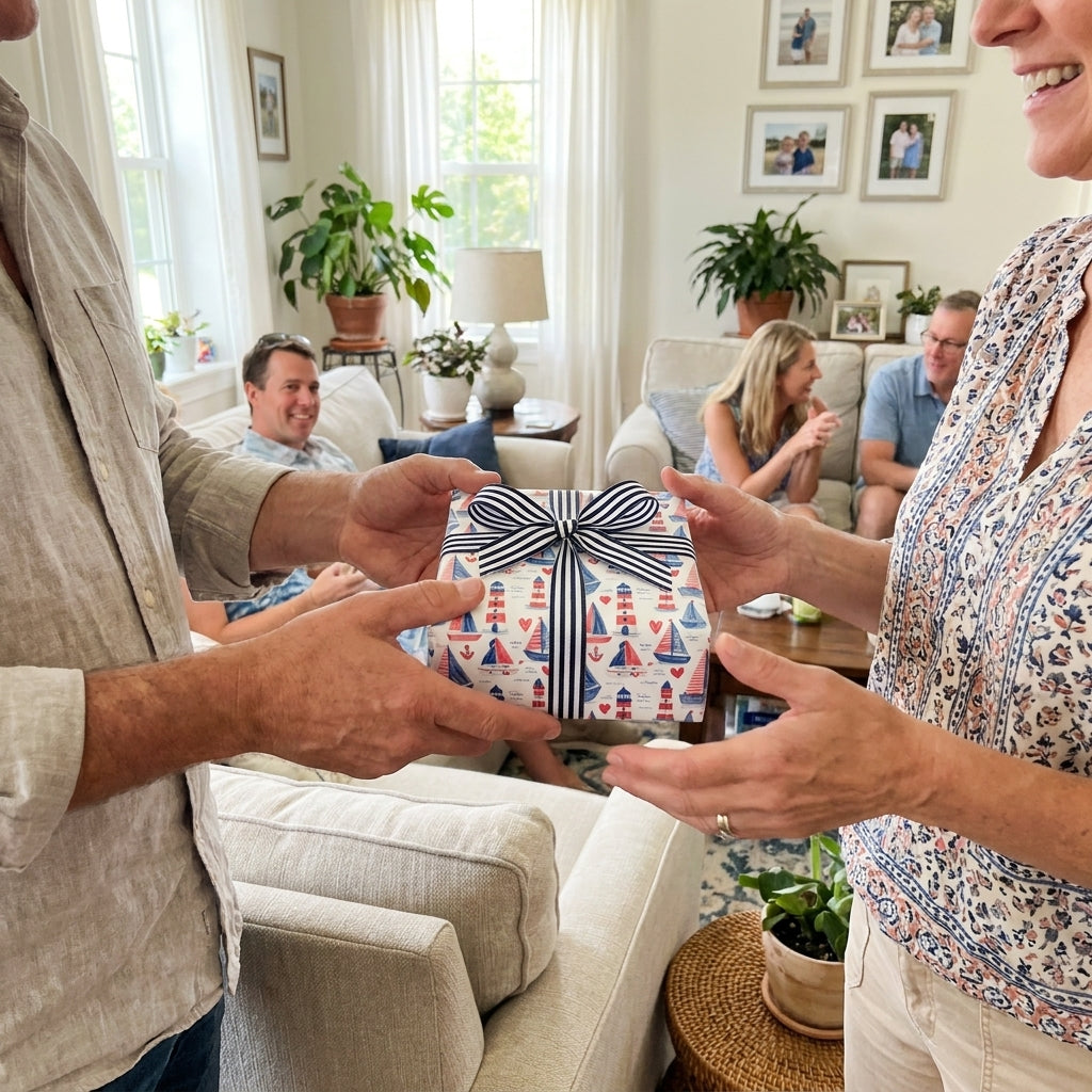 Nautical wrapping paper with sailboats and a striped bow on a gift being exchanged, by Wrapped Studios.