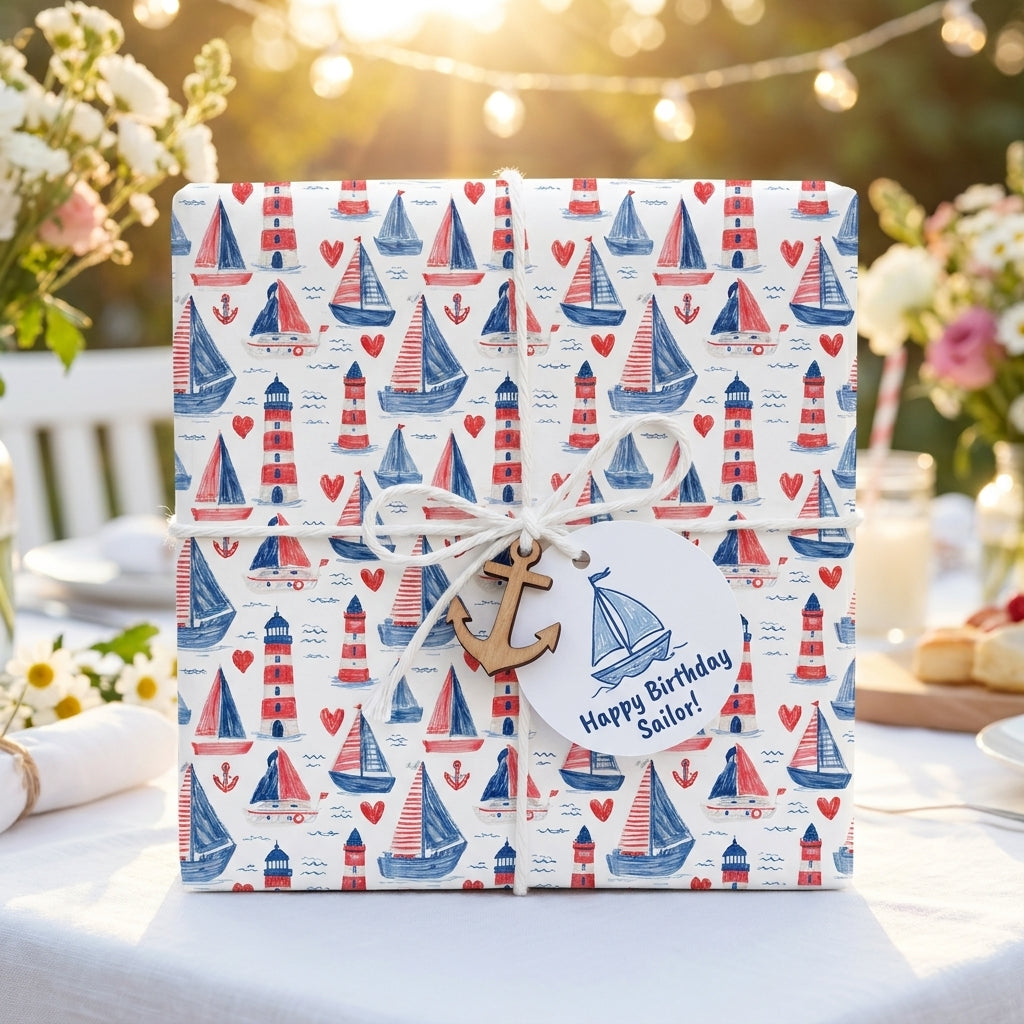 Nautical birthday wrapping paper with sailboats, lighthouses, twine, and anchor tag by Wrapped Studios.