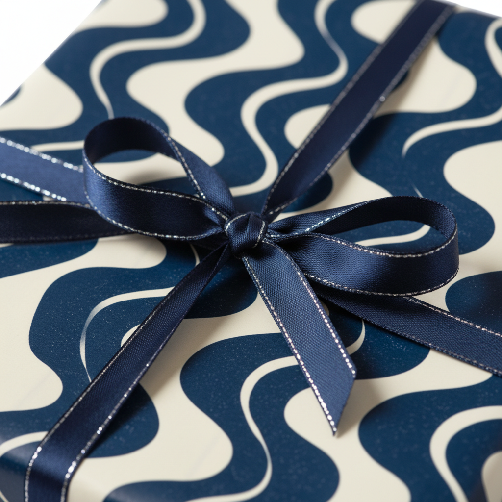 Modern blue wavy pattern gift wrap with navy ribbon and silver trim, perfect for luxury birthday or special occasion presents.