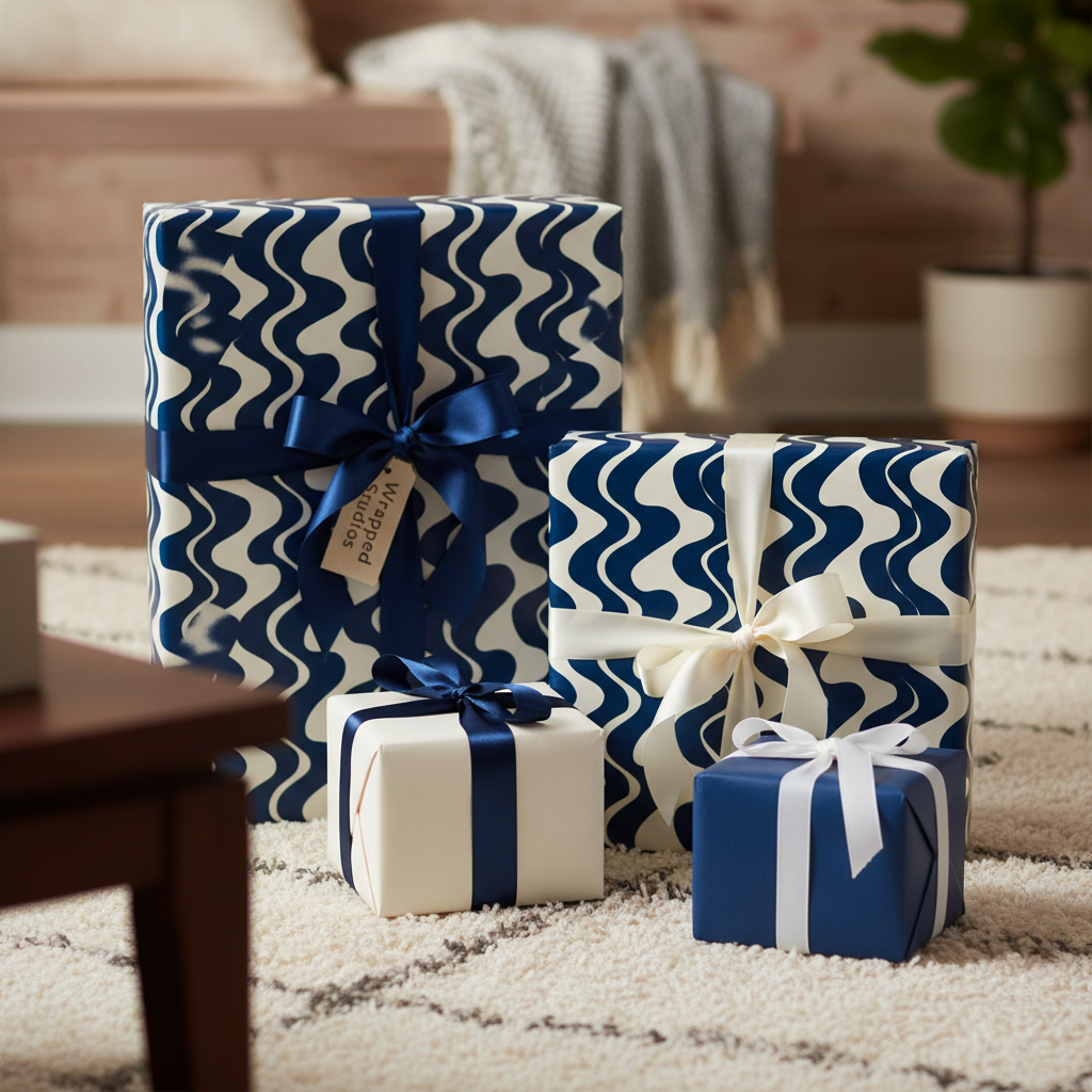 Modern blue wave pattern luxury gift wrapping paper with coordinating satin ribbons, perfect for any occasion.