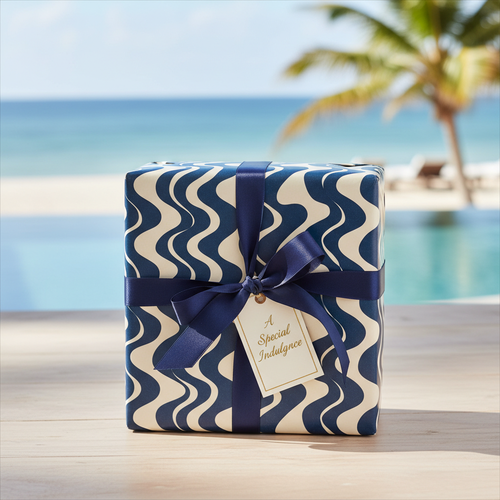 Modern wavy navy blue and cream wrapping paper on a gift box with a navy ribbon, tag, and tropical beach background.