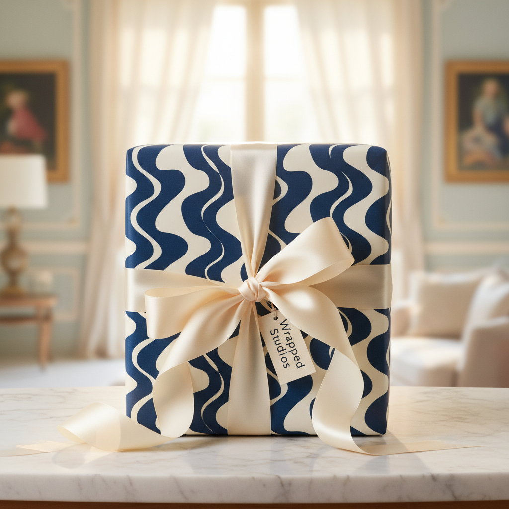 Modern navy blue wavy pattern wrapping paper with a cream satin ribbon bow and tag, perfect for luxury birthday or wedding gifts.