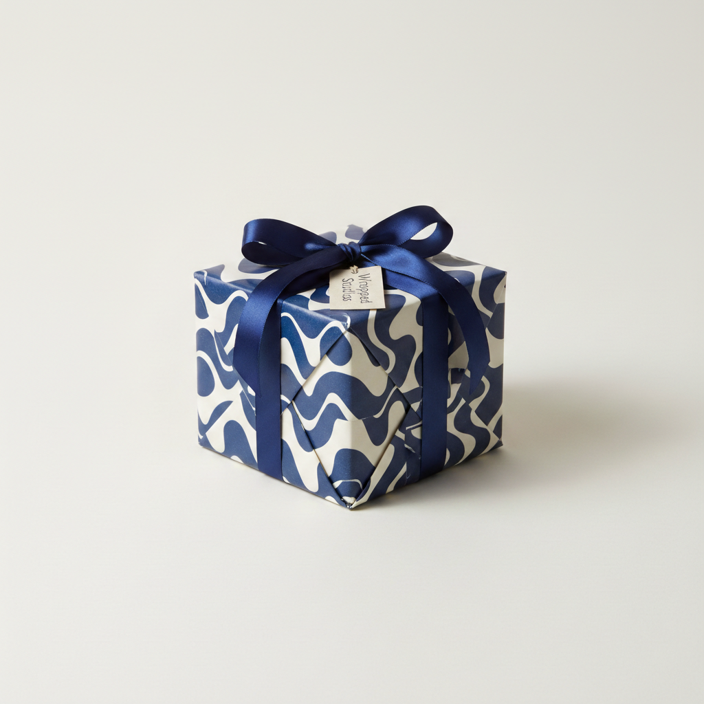 Modern navy blue abstract wave wrapping paper with a dark blue satin ribbon and gift tag, perfect for a stylish birthday or special occasion.