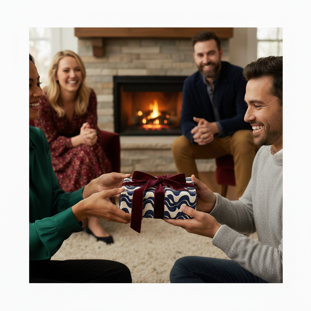 Happy couple exchanging a gift box with a modern blue and white wave pattern, tied with a luxurious velvet burgundy ribbon, by a warm fireplace.