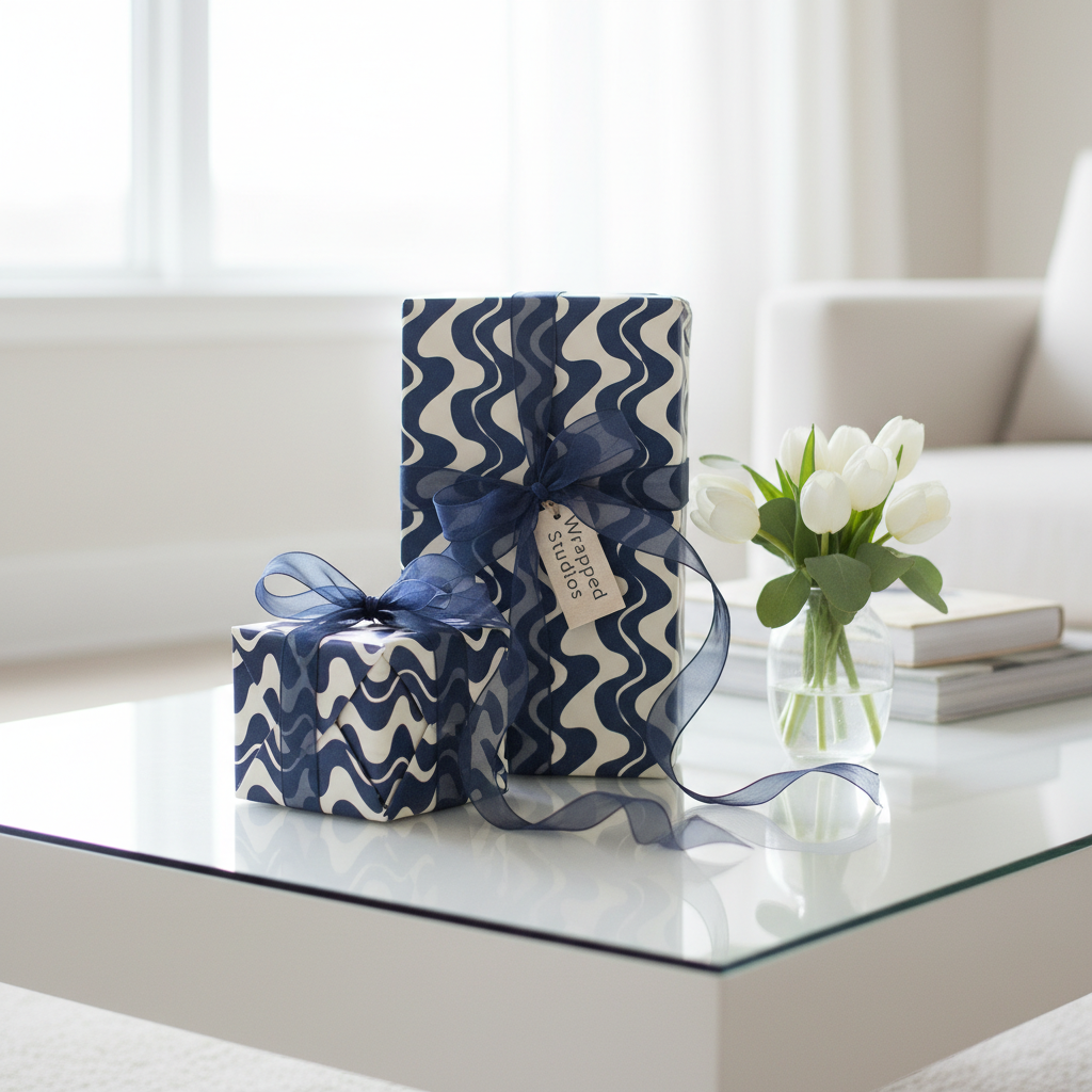 Modern navy blue and white wave pattern gift wrap with sheer navy ribbon, perfect for stylish birthday or luxury presents.