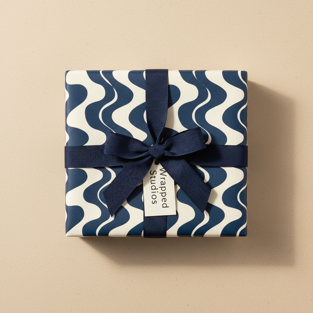 Modern navy blue and cream wave pattern wrapping paper with a dark blue ribbon bow and "Wrapped Studios" gift tag, ideal for elegant gifts.