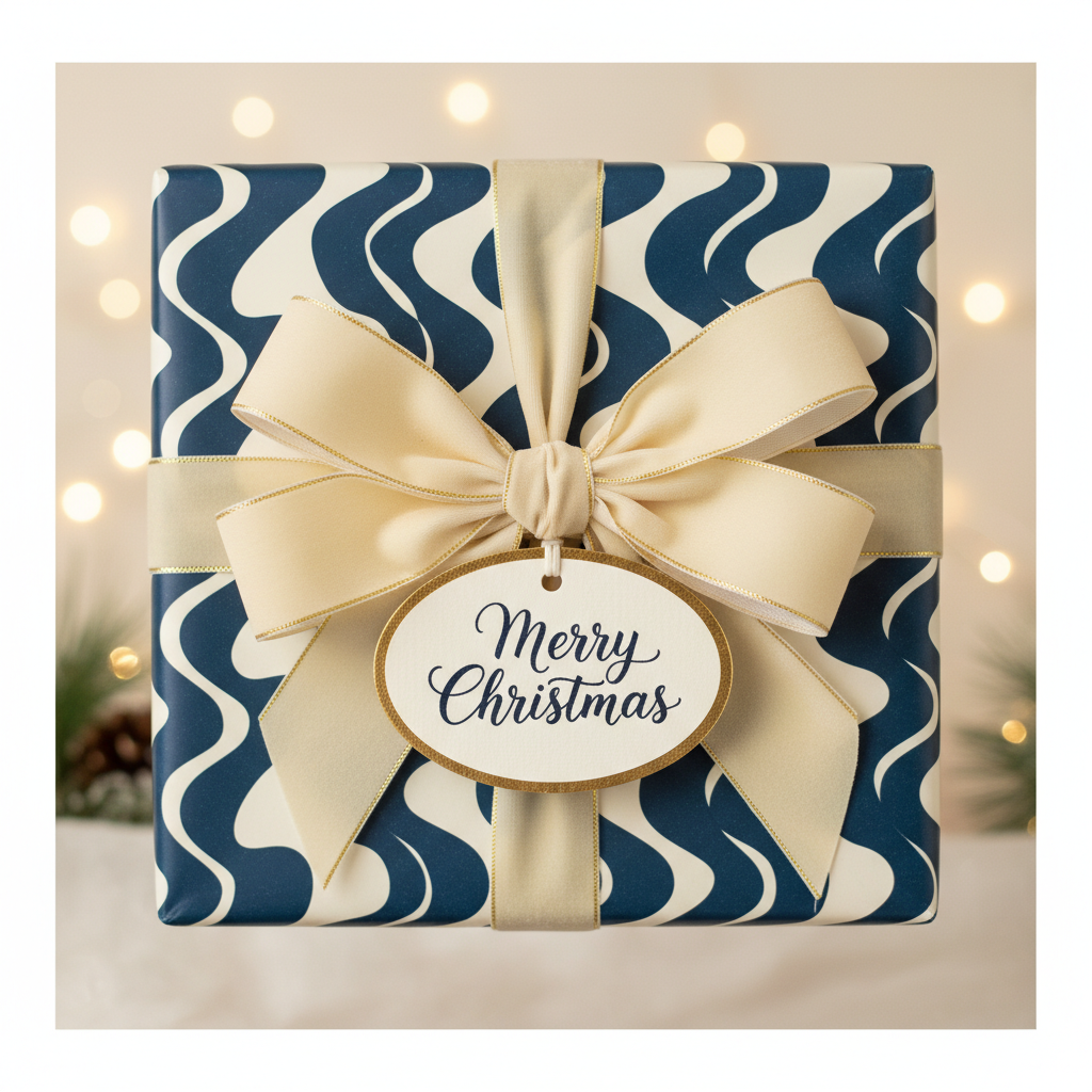 Merry Christmas gift in modern navy blue and white wave wrapping paper, tied with an elegant champagne ribbon and a festive tag.